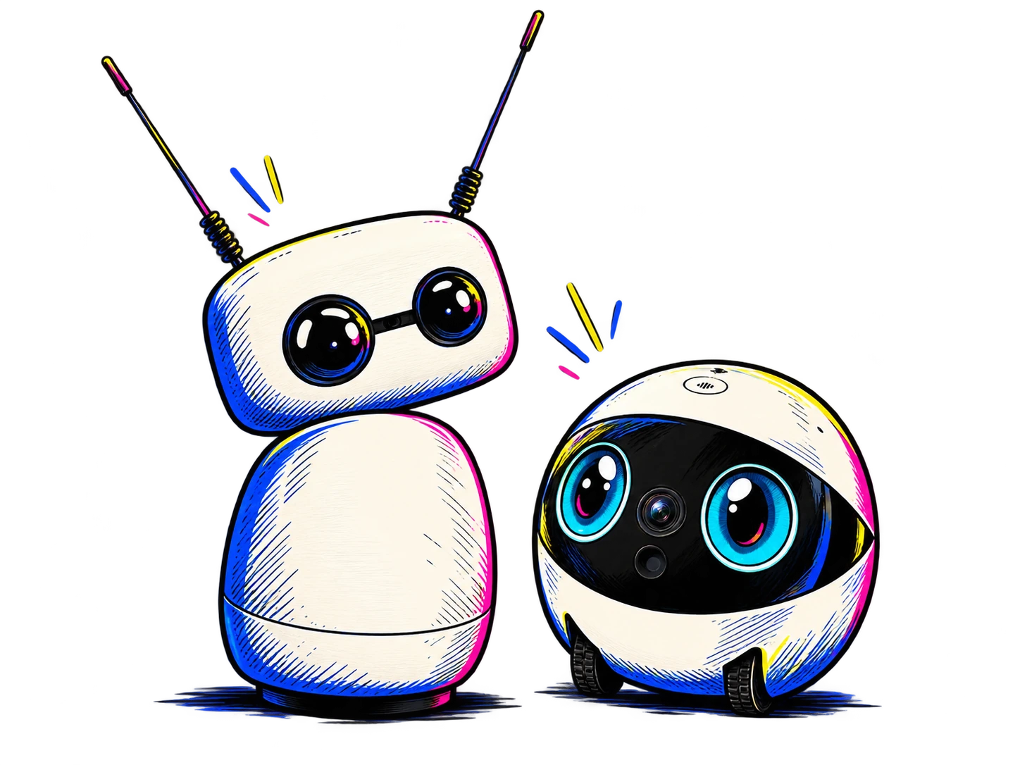 Comic illustration of Reachy Mini with two antennas and the spherical EBO Air 2 Plus